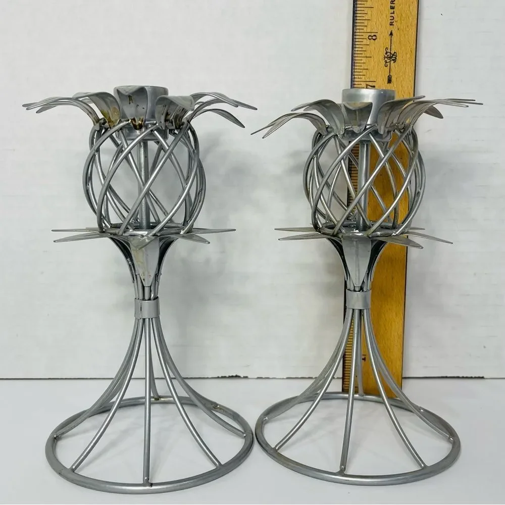 Pineapple Shape Metal Candle Sticks Holders Hawaiian Tropical Coastal Set of 2